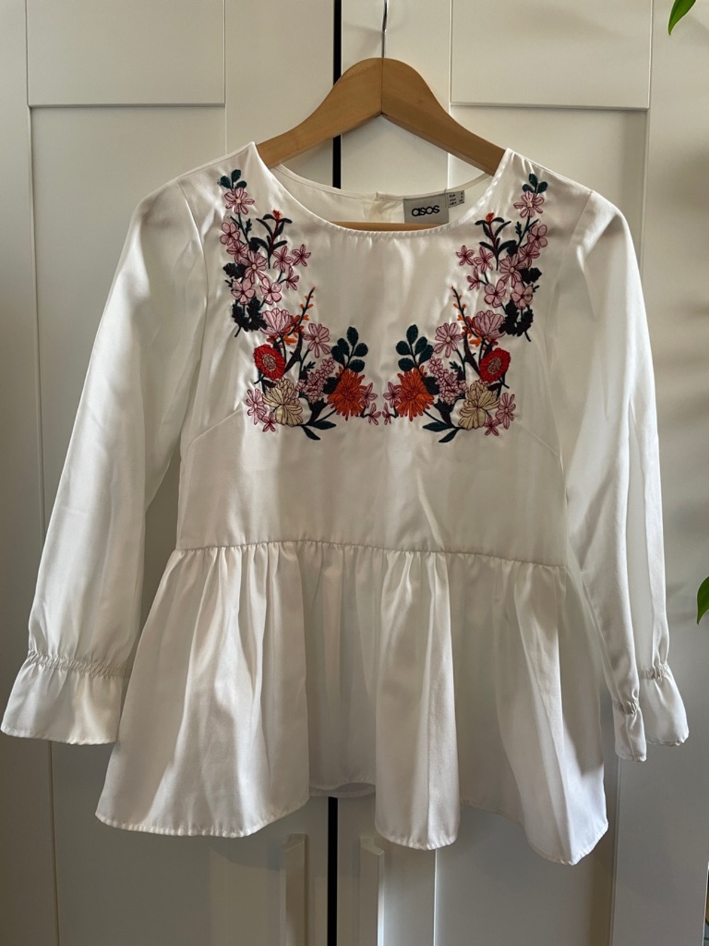 ASOS White Peplum Top with Multicolor Floral Embroidery